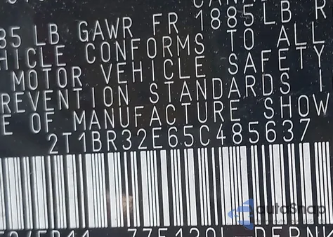 2005 Toyota Corolla Le из США, поврежденный, VIN 2T1BR32E65C485637